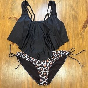Solid Black adjustable top Leopard animal print side tie swim bottoms NWOT XXXL